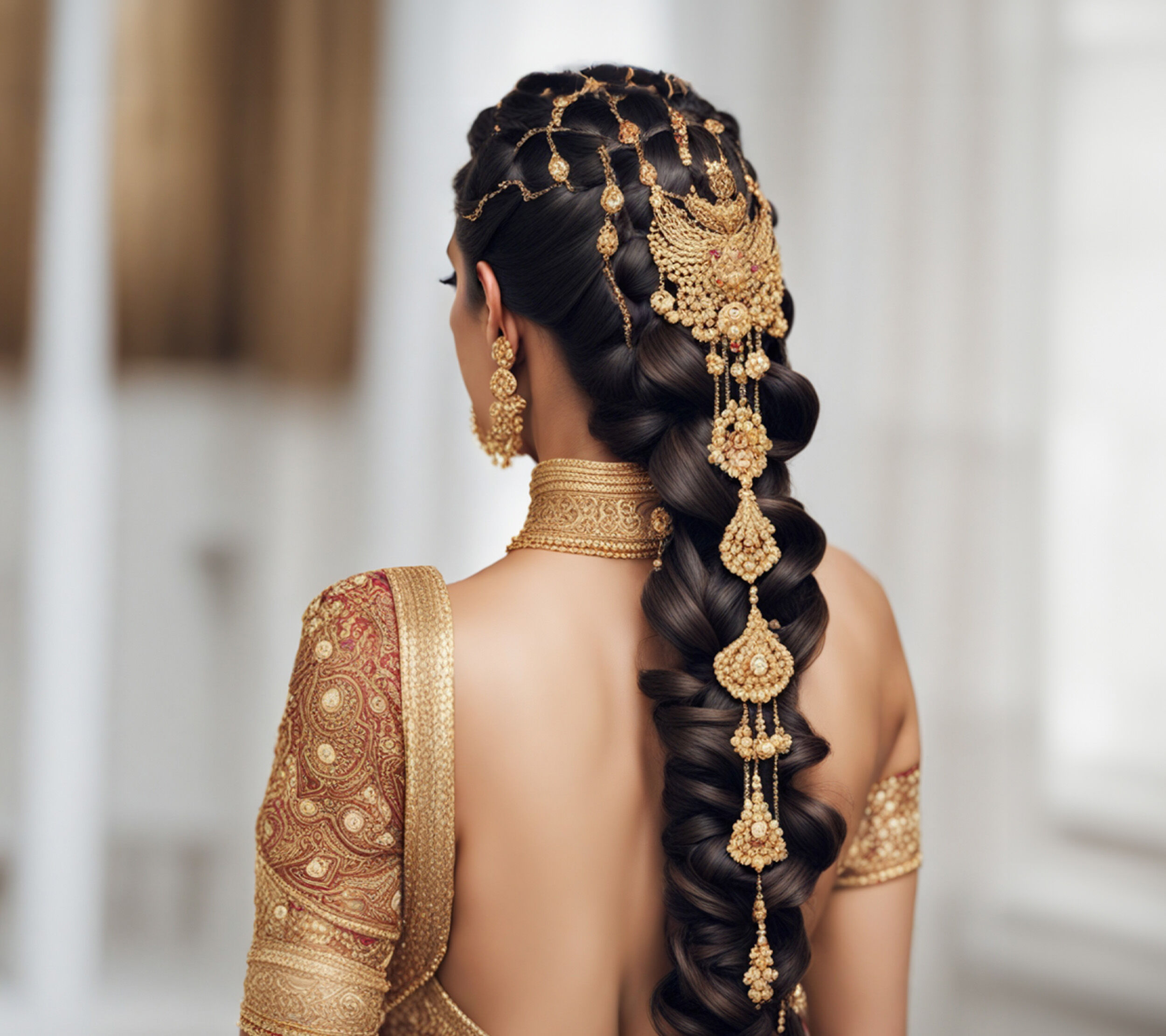 A bride styled her hair with gold jwellary on it 
